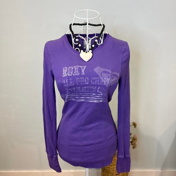 Cute vintage y2k Roxy Purple tight Henley long sleeve top - Picture 4 of 7